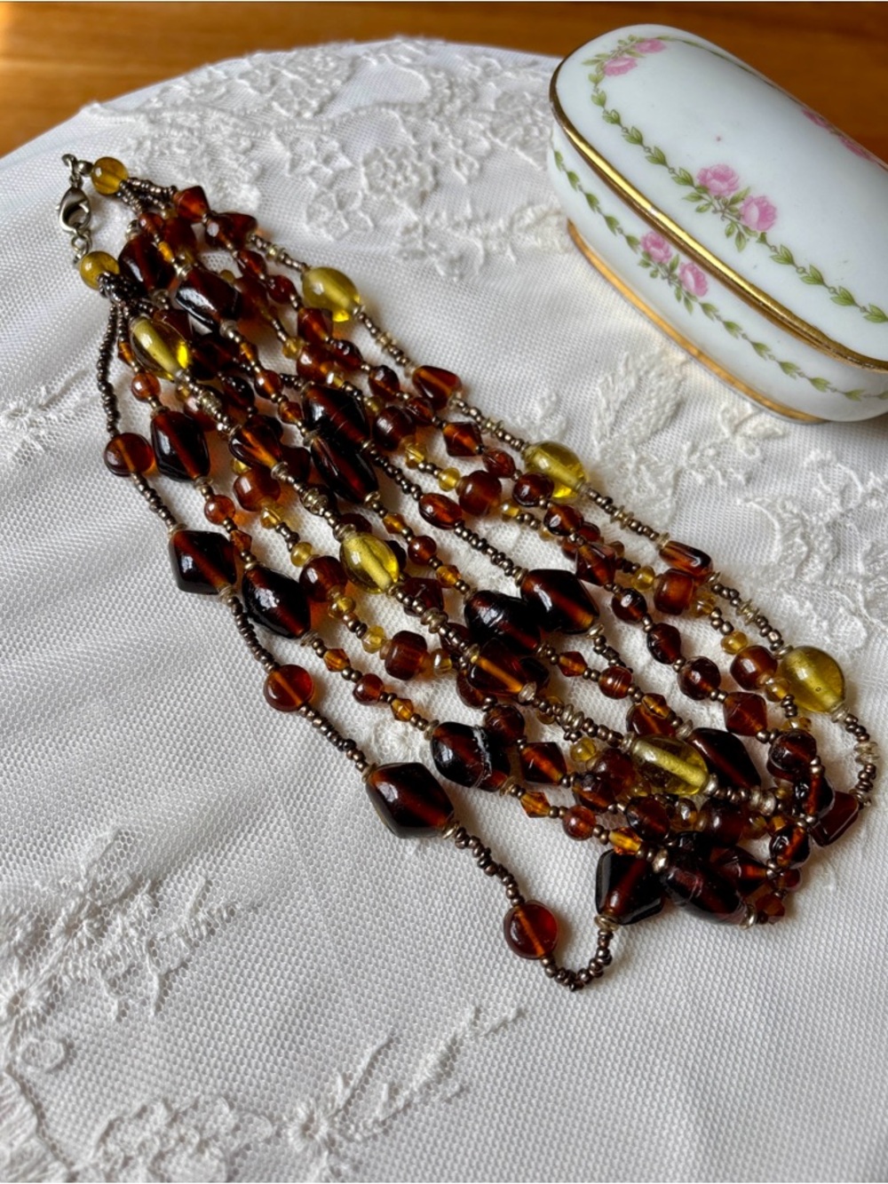 Multi-Strand Vintage Amber-Tone Bead Necklace - Women Jewelry